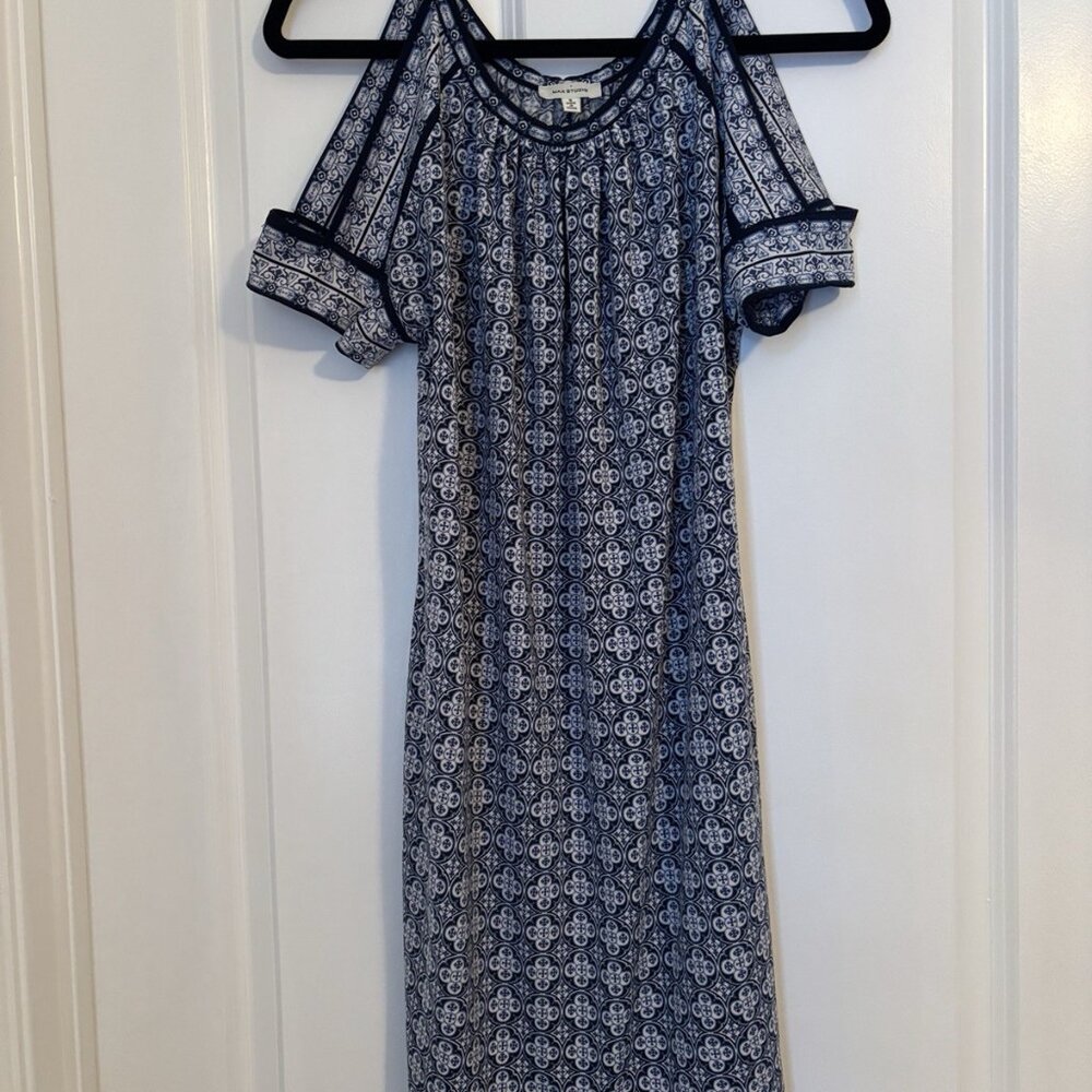 Max Studio Women’s Open Shoulder Blue/White Midi Dress